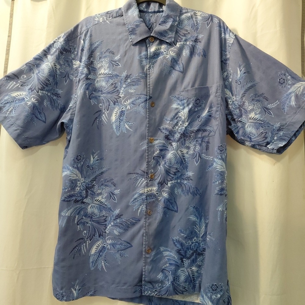 TOMMY BAHAMA 100% SILK MEN CASUAL SHIRT Size L LARGE BLUE TROPICAL BEACH